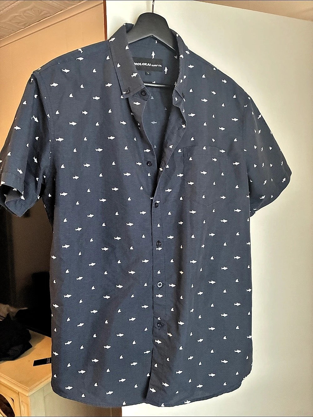 Molokai Surf Co. Shark Print Short Sleeve Button-Down Shirt. Shark Print Men's